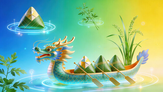 Dragon Boat with Zongzi for Dragon Boat Festival