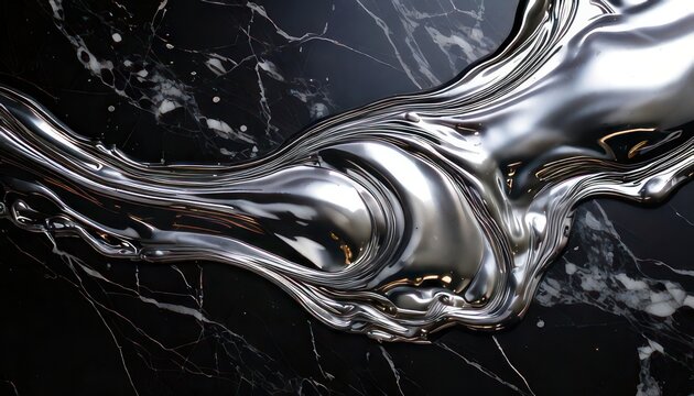 Abstract Silver Liquid Flowing on Black Marble Background.