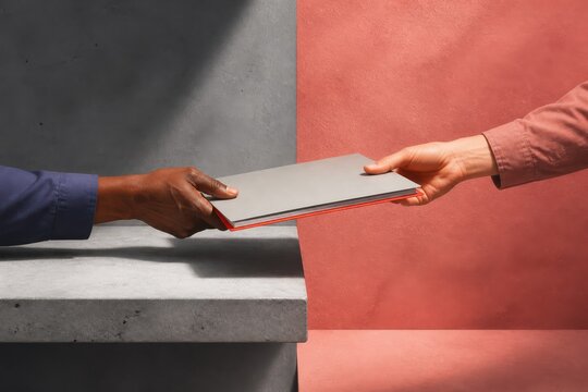 Two hands exchanging a folder across split color background symbolizing business agreement and collaboration