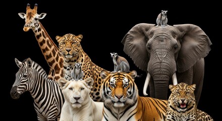 Obraz premium Diverse Wild Animal Group Portrait with Elephant, Tiger, Giraffe, Zebra, and Leopard on Black Background