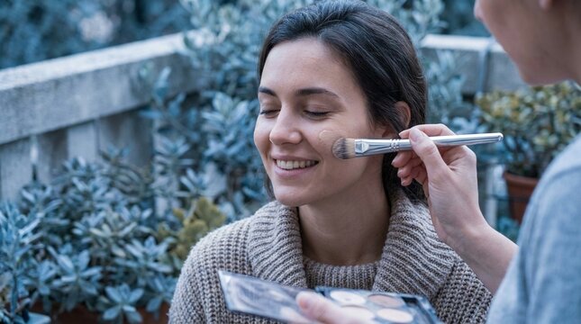 Makeup artist applies blush to smiling woman outdoors, soft natural light and casual sweater create calm friendly mood, suitable for beauty tutorial and lifestyle branding