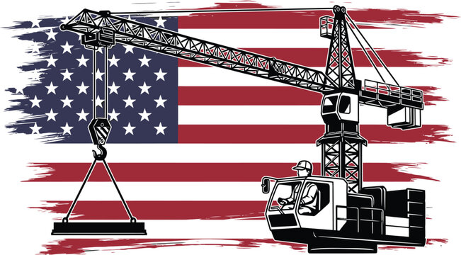 Labor day 250 years anniversary construction crane with american flag patriotic worker holiday illustration
