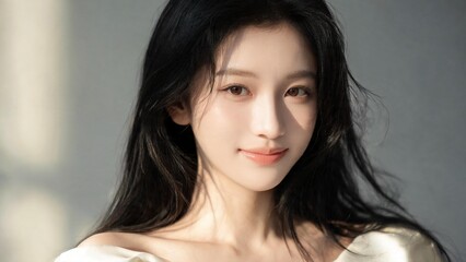 Fototapeta premium Beautiful young woman with long dark hair and a soft smile, bathed in natural light