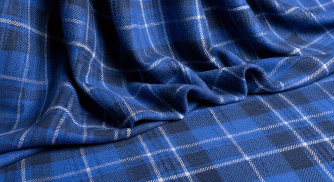 Blue Plaid Fabric Texture Background with Elegant Folds and Drapes