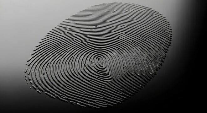 Detailed glossy fingerprint on a dark reflective surface, biometric security and identification concept