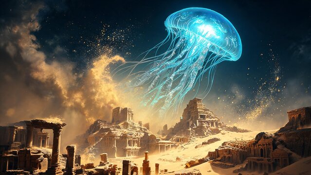 Celestial Jellyfish Over Ancient Ruins Under A Starry Sky