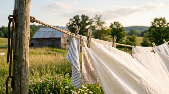 Laundry hanging on a clothesline in a rural field with a barn in background