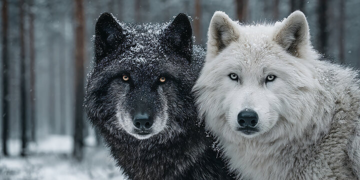 Wolf Couple Cuddling in Snowy Forest