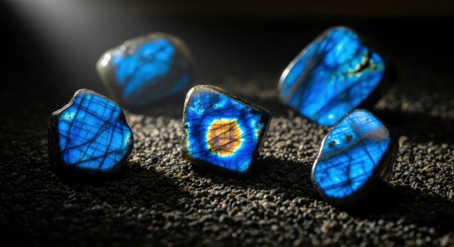 Polished Labradorite Gemstones with Vibrant Blue and Yellow Labradorescence on Dark Sand