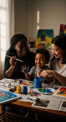 Fototapeta premium Happy Multiethnic Diverse Family Painting Together Black Mom with Braids Asian Woman and Child Boy Laughing at Art Table Indoor Lifestyle Inclusion