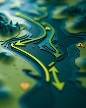 Focused view of sleek arrows and alert icons on a modern flatdesign watershed map featuring a slatetoned backdrop with ample copy space for ecothemed infographics.