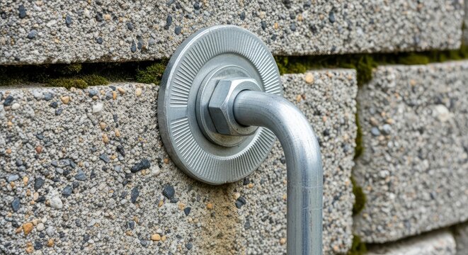 Close-up of a galvanized steel conduit pipe with a large flanged washer and nut secured to a textured concrete wall