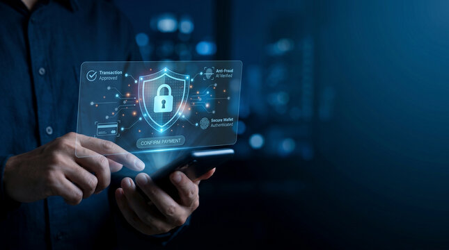 Business professional using smartphone with secure cloud computing and digital lock icon hologram in futuristic tech environment