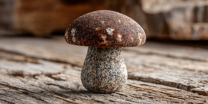 Small Granite Mushroom on Rough Hewn Wooden Table