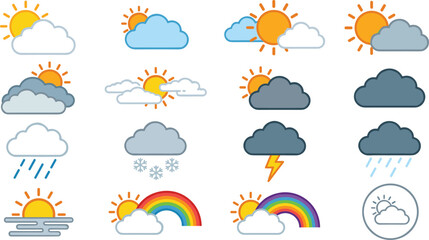 Obraz premium Weather Forecast Icon Collection Featuring Sunny Cloudy Rainy Snowy Thunderstorm Rainbow and Climate Symbols for Modern Meteorology Applications