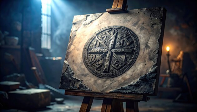 Detailed replica of an ancient Viking rune stone inscription artfully displayed on an easel