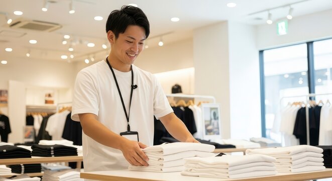 Smiling young Asian male shop assistant folding white t-shirts on a display table in a modern clothing store.