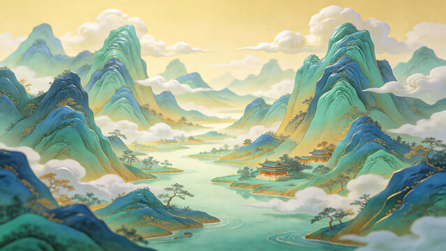 Chinese Green Mountain River Landscape Painting