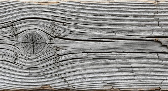 Close-up of weathered grey wood texture with a prominent knot and deep cracks, aged rustic timber background