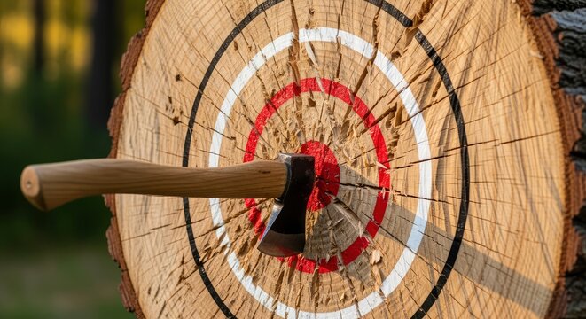 Axe Embedded in the Bullseye of a Wooden Log Target Outdoors