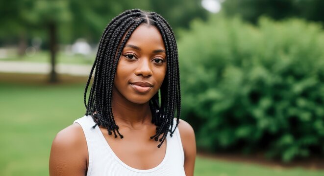 Portrait of a beautiful young Black woman with stylish box braids posing in a lush green park on a summer day