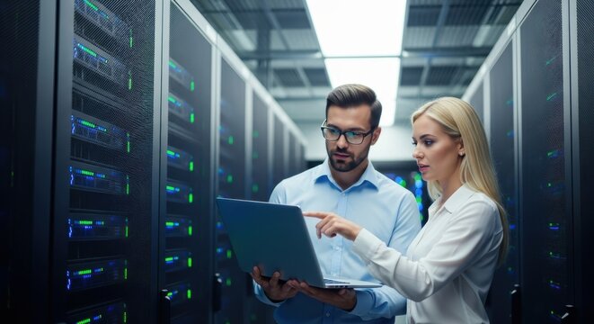 Professional IT Engineers Working with Laptop in Modern Data Center Server Room Environment