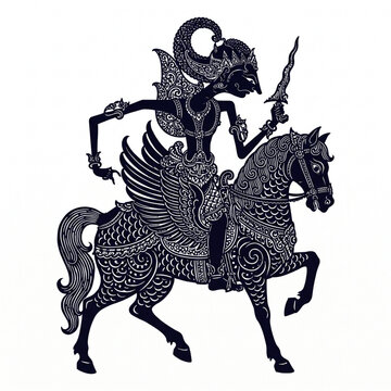 Javanese Wayang Character Knight Riding Majestic Horse Vector Illustration