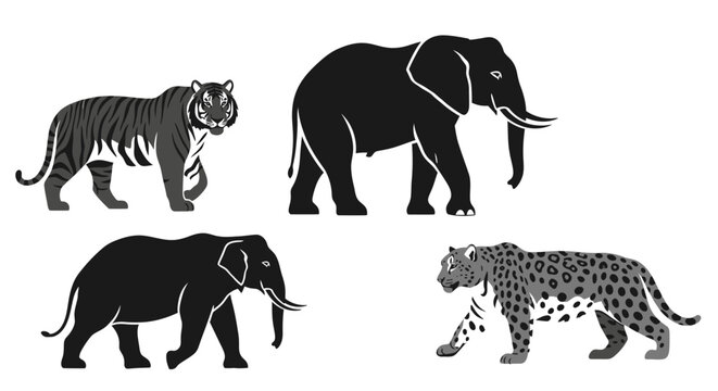 African Wildlife Silhouette Collection: Elephant, Tiger, Leopard Icons