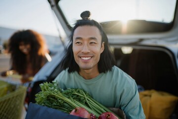 Young man carrying grocery bag smiling at open car trunk lot