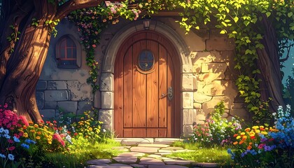 Fototapeta premium Whimsical fairytale cottage entrance with stone path, arched doorway, and blooming flowers in sunlight