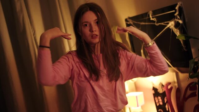 Young female caucasian dancer performing modern routines with home evening vibe and passion. Emotive dance of brunette woman in pink cloth. Vivid contemporary dance in domestic environment setting