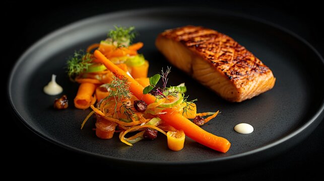 A fine dining plating of carrot raisin salad as a small garnish beside roasted salmon fillet on a matte black plate