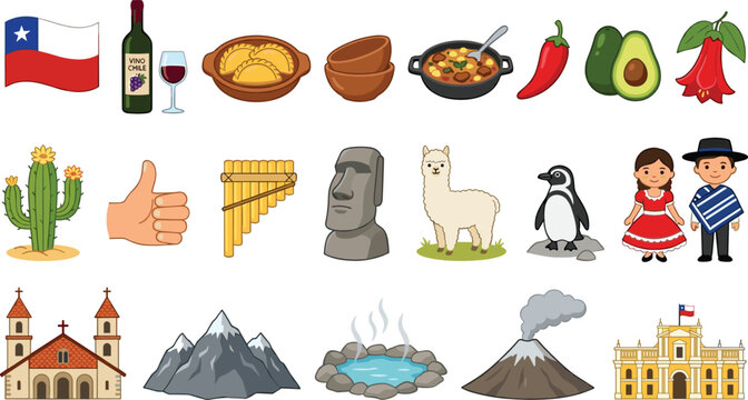 Chilean Culture and Cuisine Vector Icon Set Featuring National Flag, Wine, Traditional Dishes, Fruits, Landmarks, Animals, and Folk Costume Illustrations