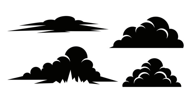 Black Silhouette Clouds Set, Cumulus and Stratus Shapes Vector