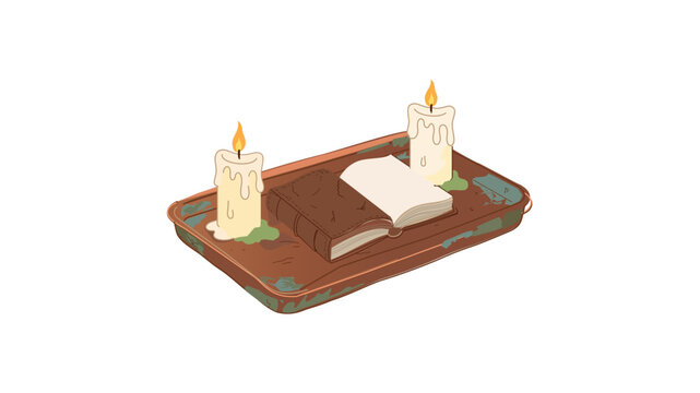 Wizardry and alchemy vector illustration of an open magic spellbook with two lit candles on a tray, featuring an editable stroke, adjustable stroke weight, and customizable thin line weight.