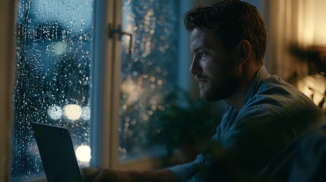 Contemplative man coding indoors near a window on a rainy day