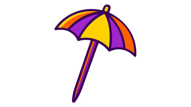 Vibrant vector icon illustration of a colorful cocktail umbrella garnish with purple, orange, and yellow panels, perfect for summer drink menus, tropical party designs, and bar menu graphics.