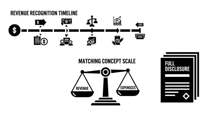 Business Finance Icons: Revenue Timeline, Matching Concept Scale, Full Disclosure
