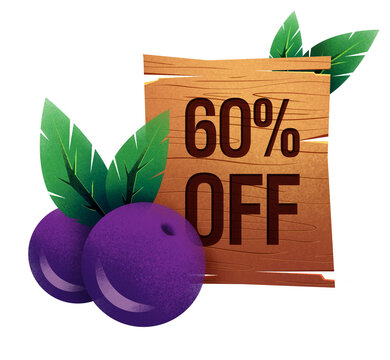 Etiqueta de desconto 60% OFF com a&ccedil;a&iacute; e placa de madeira ilustrada