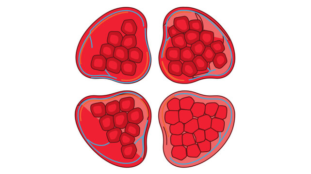 Vivid vector illustration of sliced pomegranate arils and seeds, a colorful line icon for cocktail garnish or healthy food, featuring an editable stroke with adjustable line weight and stroke.