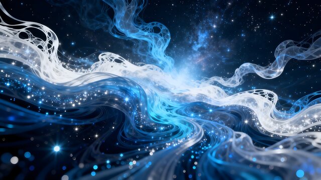 Cosmic Nebula with Blue and White Waves