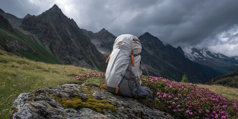 Fototapeta premium Backpack standing on rock amid alpine flowers and peaks