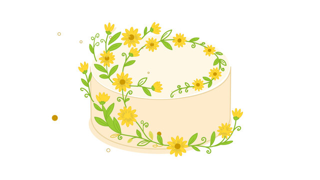 Creative colorful line vector icon of a celebration cake decorated with yellow flowers and green leaves, featuring an editable stroke for customizable line weight and adjustable thin line style.
