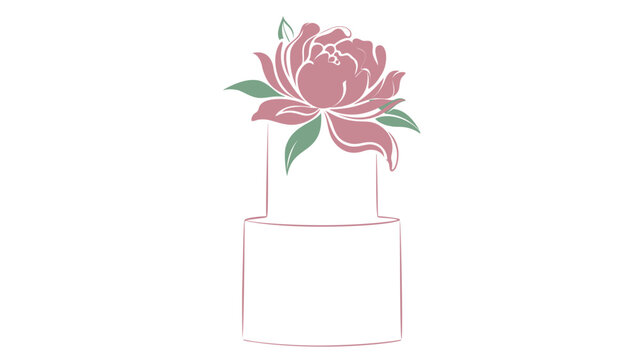 Elegant Vector Illustration of a Tall Cocktail Glass or Cake Topped with a Large Pink Peony Flower and Green Leaves, Creative Colorful Line Art Icon Isolated on a White Background for Design