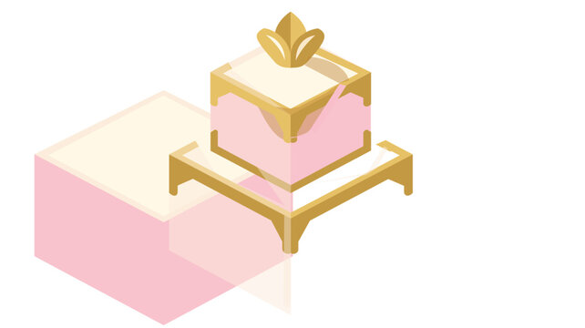 Elegant three-tiered pink and gold luxury dessert or cocktail garnish vector icon illustration on white background, featuring a golden leaf topping for gourmet food and drink menu design.