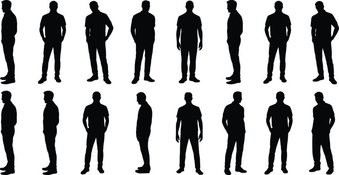 Silhouette human figure rotation study, multiple standing poses front side three quarter views, posture orientation design illustration vector