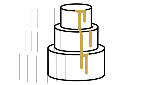 Innovative prismatic linear symbol of a triple-stack ivory gateau topped with flowing golden nectar; features a modifiable outline and flexible stroke settings for sweet treat branding.
