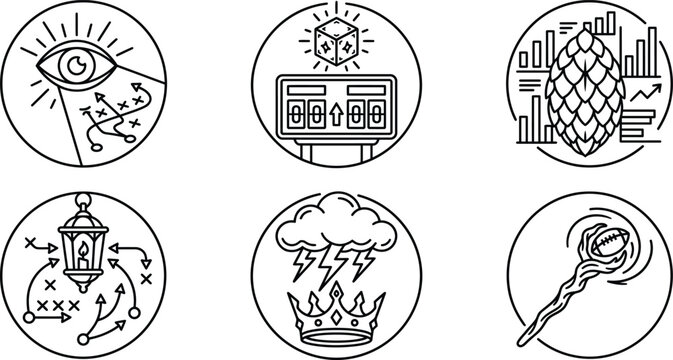 Fantasy gaming line icons set, mystical strategy and tabletop rpg elements vector, magic quest and adventure gaming symbols for ui design