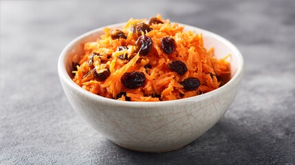 Fototapeta premium A premium stock-style image of carrot raisin salad in a small ceramic bowl on a solid neutral background with clean lighting, minimal props, and commercial appeal