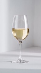 Fototapeta premium Elegant white wine glass with golden liquid elegantly placed on a white surface